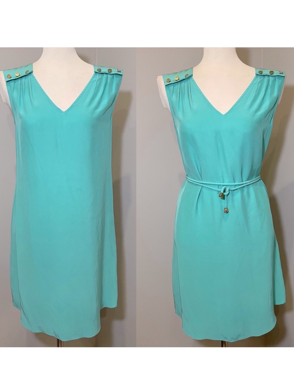 Amanda Uprichard Turquoise V-Neck Midi Dress with Gold Buttons